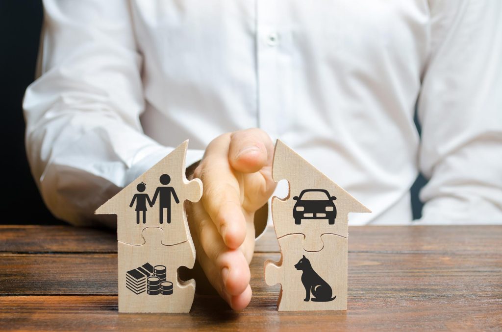 A man shares a house with his palm with images of property, children and pets. Divorce concept, property division process.